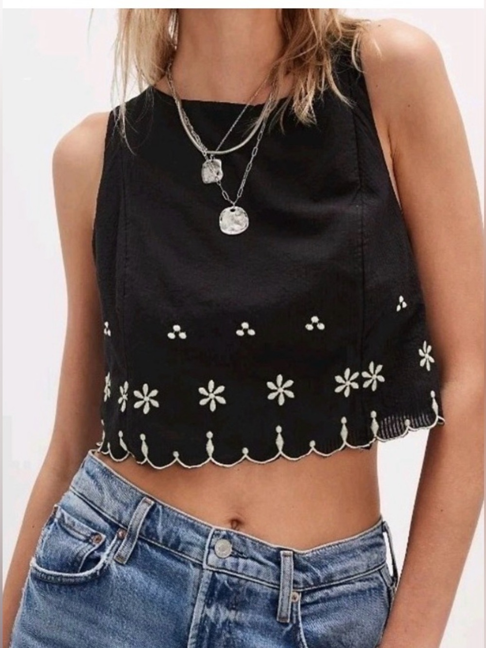 Free People Black Floral Scallop-Hem Cropped Tank